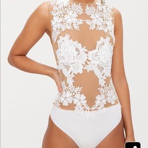 New Nude Mesh Floral Applique Thong Bodysuit